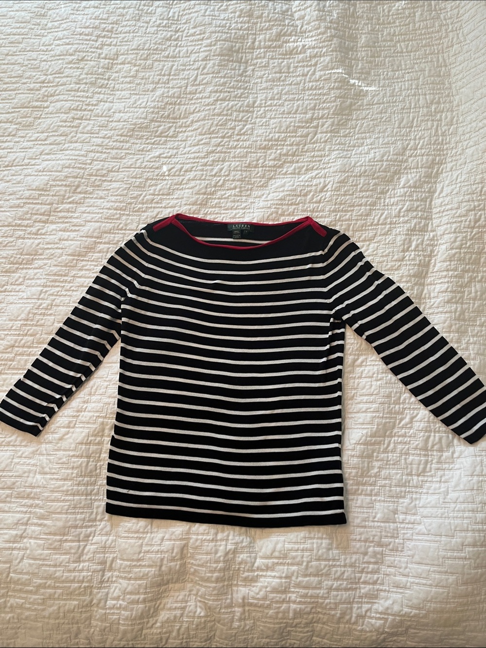 Lauren Ralph Lauren Black & White Striped Boatneck Sweater with Red Trim